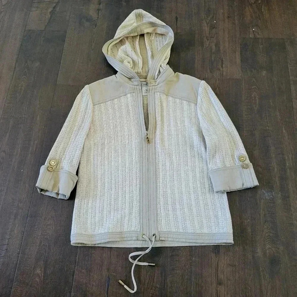 St John Sport Wool Blend Knit Detachable Hoodie Zip Front Jacket Beige Size S P - Picture 1 of 8